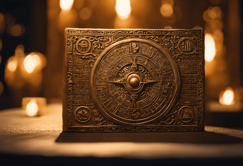 An image featuring an ancient Zoroastrian calendar carved into a stone tablet, bathed in soft golden light