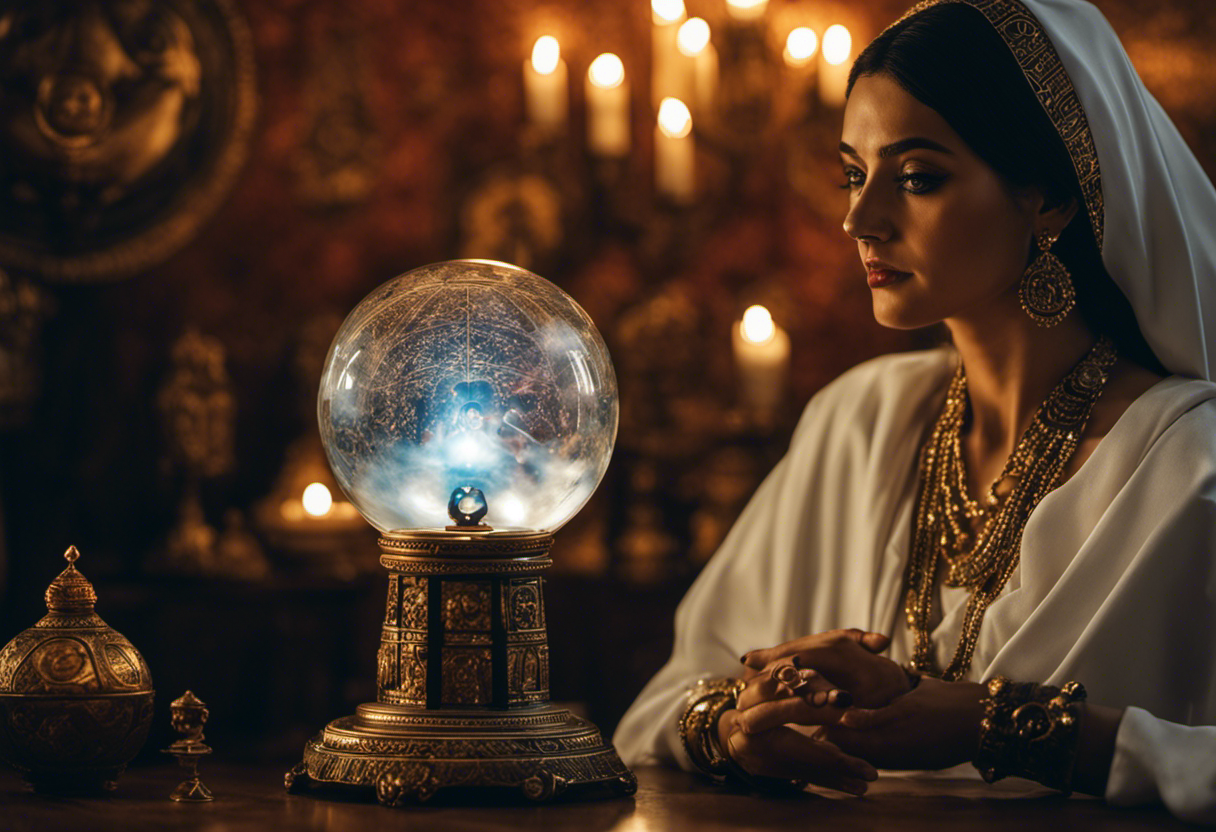 An image depicting a contemporary Zoroastrian priestess gazing into a crystal ball, surrounded by ancient symbols of divination, while the Zoroastrian calendar hangs on the wall, emphasizing the fusion of prophecy and modernity