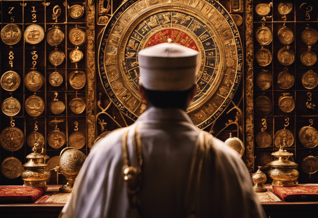 An image showcasing the intricate Zoroastrian calendar, adorned with celestial symbols and astrological signs