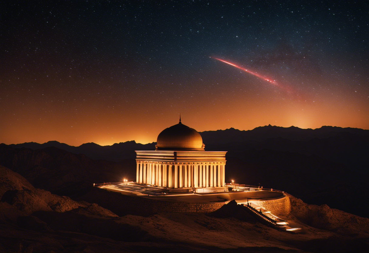 An image showcasing a starlit sky with a radiant comet streaking across it, illuminating a Zoroastrian fire temple below