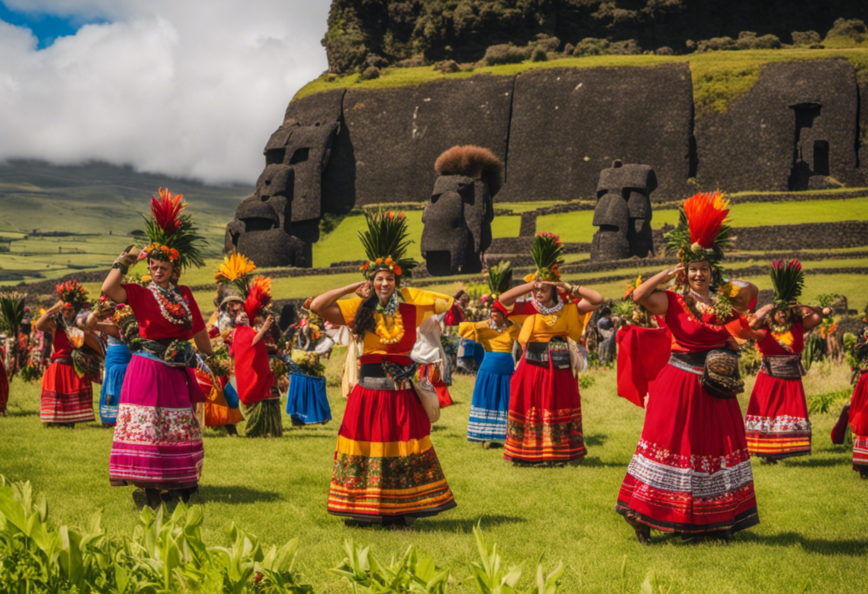 An image that captures the vibrant essence of Rapa Nui's Harvest Festival, showcasing locals adorned in traditional attire, dancing and celebrating amidst towering stone moai statues, with offerings of freshly harvested fruits and vegetables displayed in the foreground