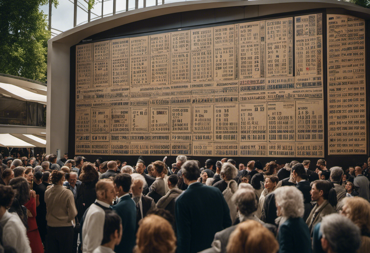An image showcasing a contemporary scene of people gathered around a monumental French Republican Calendar, with its unique decimal system and 12-month structure, capturing the fervent enthusiasm and curiosity surrounding its revival in modern times