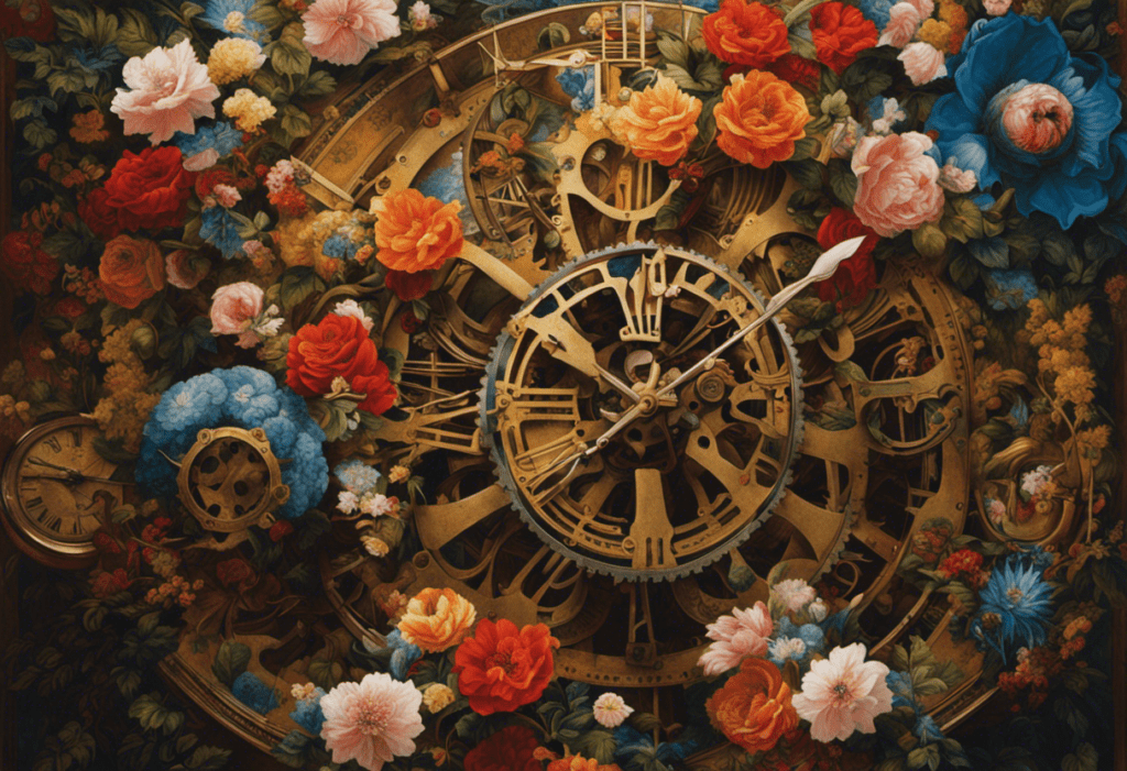 An image showcasing the revival attempts of the French Republican Calendar, featuring a vibrant mural-sized painting depicting elaborate clockwork mechanisms intertwining with blooming flowers, symbolizing the fusion of revolutionary ideals and the passage of time