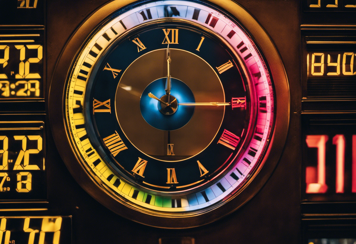 An image of a modern digital clock, its face adorned with the distinctive symbols and vibrant colors of the French Republican Calendar, illustrating the ongoing influence and relevance of this historical calendar system in contemporary society