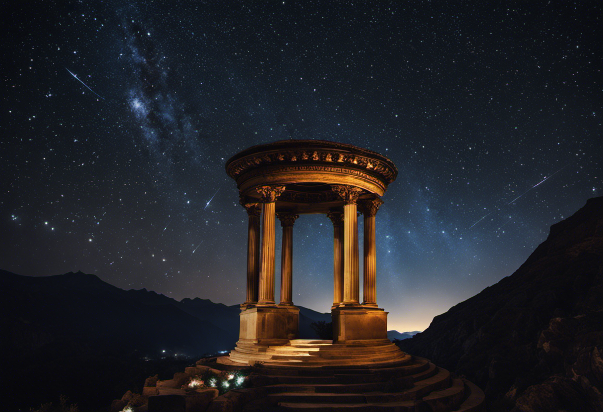 An image capturing the celestial wonders of the night sky over Mount Olympus, depicting the twelve zodiac constellations intricately intertwined with symbols of Greek deities and celestial bodies, evoking the harmonious marriage of astrology and the Greek calendar