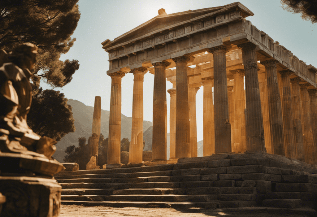 An image depicting a sunlit ancient Greek temple, adorned with intricate carvings, as worshippers gather in vibrant robes to celebrate a sacred day