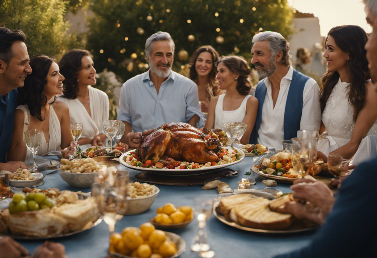 An image that depicts a modern-day Greek family gathered around a beautifully adorned table, celebrating a traditional feast in honor of a sacred day from the ancient Greek calendar