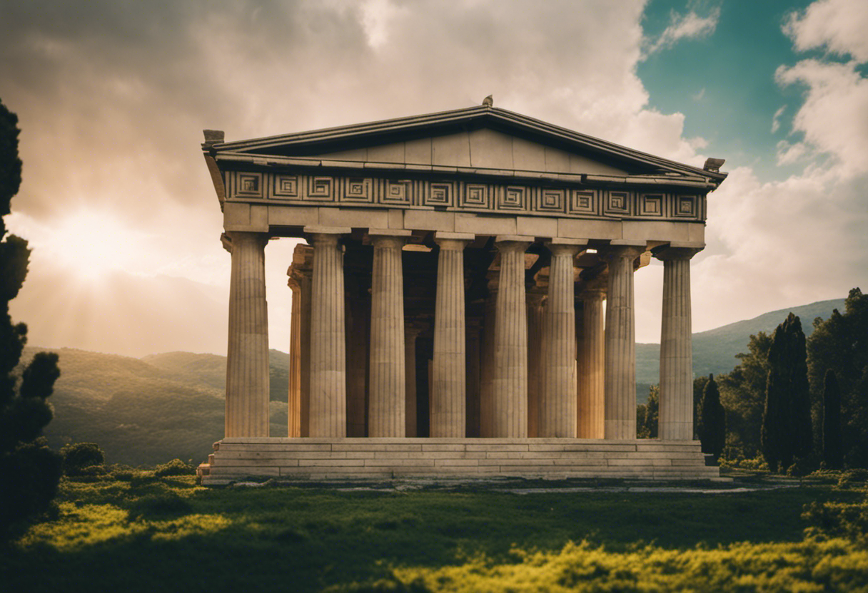 An image of a grand Greek temple, nestled amidst lush greenery, with towering columns reaching towards the heavens