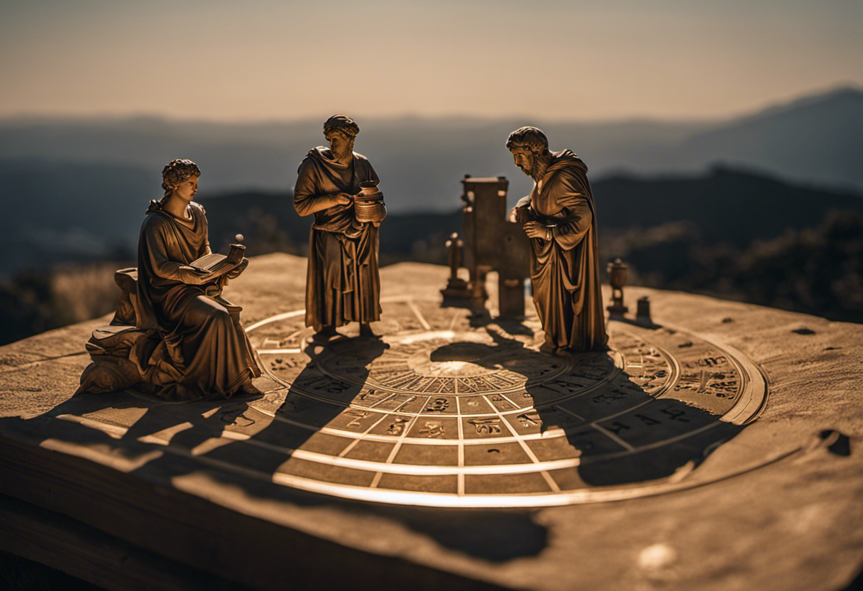 An image depicting ancient Greek astronomers observing celestial bodies, meticulously measuring their positions and using astrolabes and sundials to calculate the intercalation of months, showcasing the vital role of astronomy in their calendar system