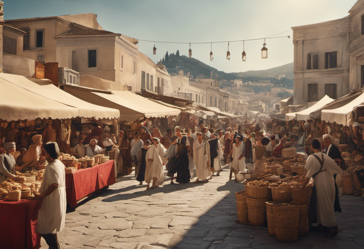 An image that depicts an ancient Greek marketplace bustling with activity, where merchants exchange goods and citizens gather in celebration