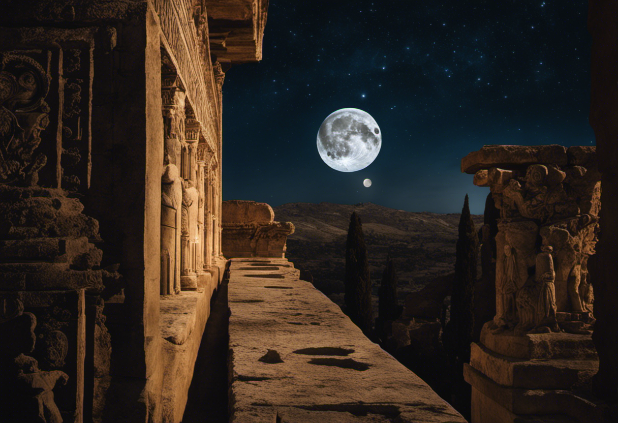 An image depicting a serene night sky with a full moon shining down on an ancient Greek calendar, showcasing the intricate intercalation system through celestial alignment and highlighting the lunar-solar misalignment challenge