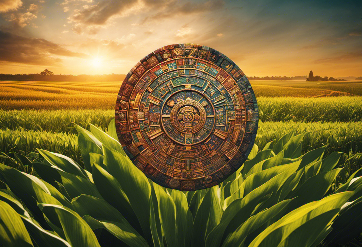 An image showcasing a vibrant Aztec calendar embedded within a lush field of crops, symbolizing the profound influence of the ancient calendar on modern agricultural practices