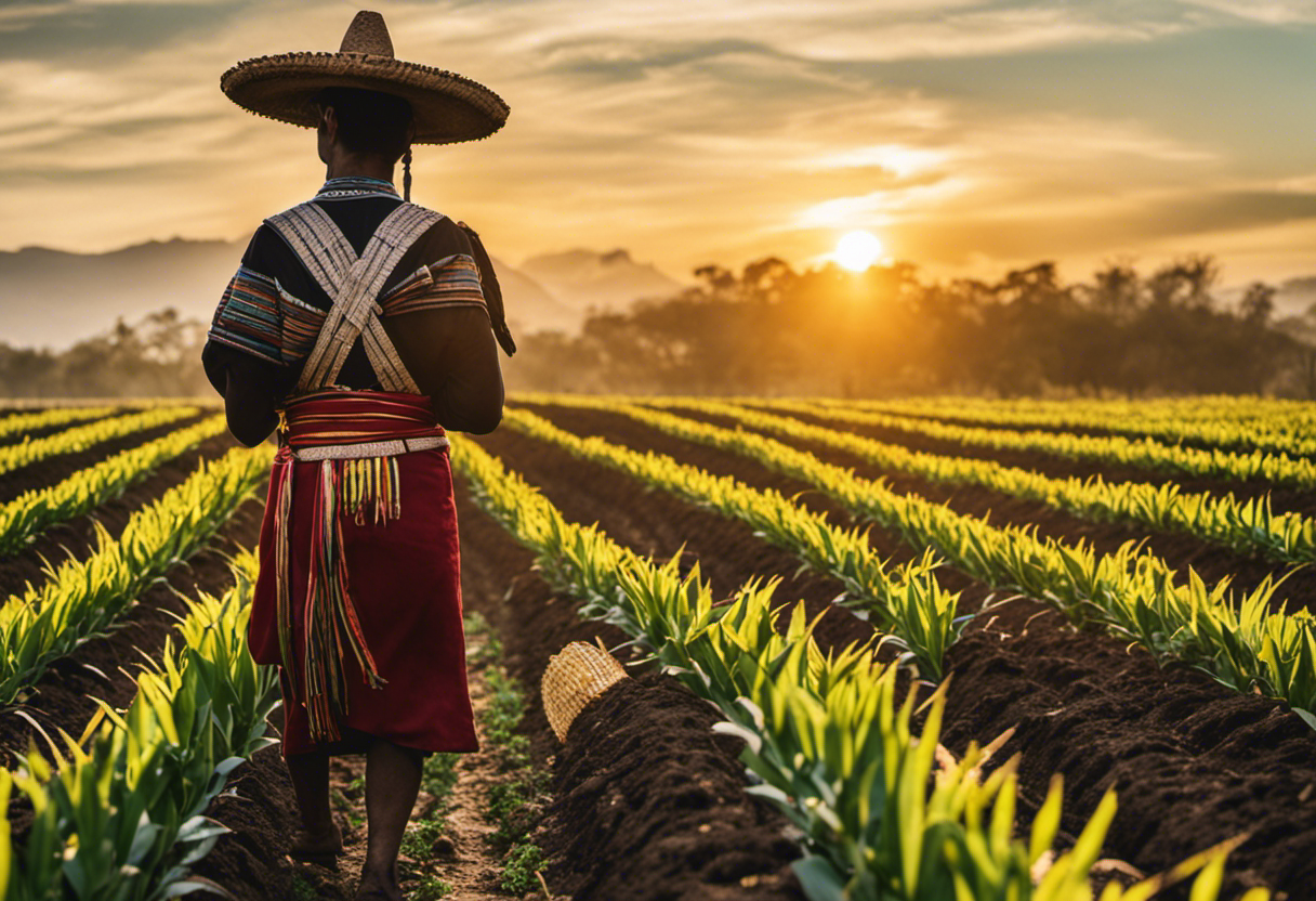 An image depicting a bustling Aztec farmer, adorned in traditional garb, meticulously planting maize seeds in neatly arranged rows, with the sun high in the sky, showcasing the vibrant planting season of Aztec agriculture