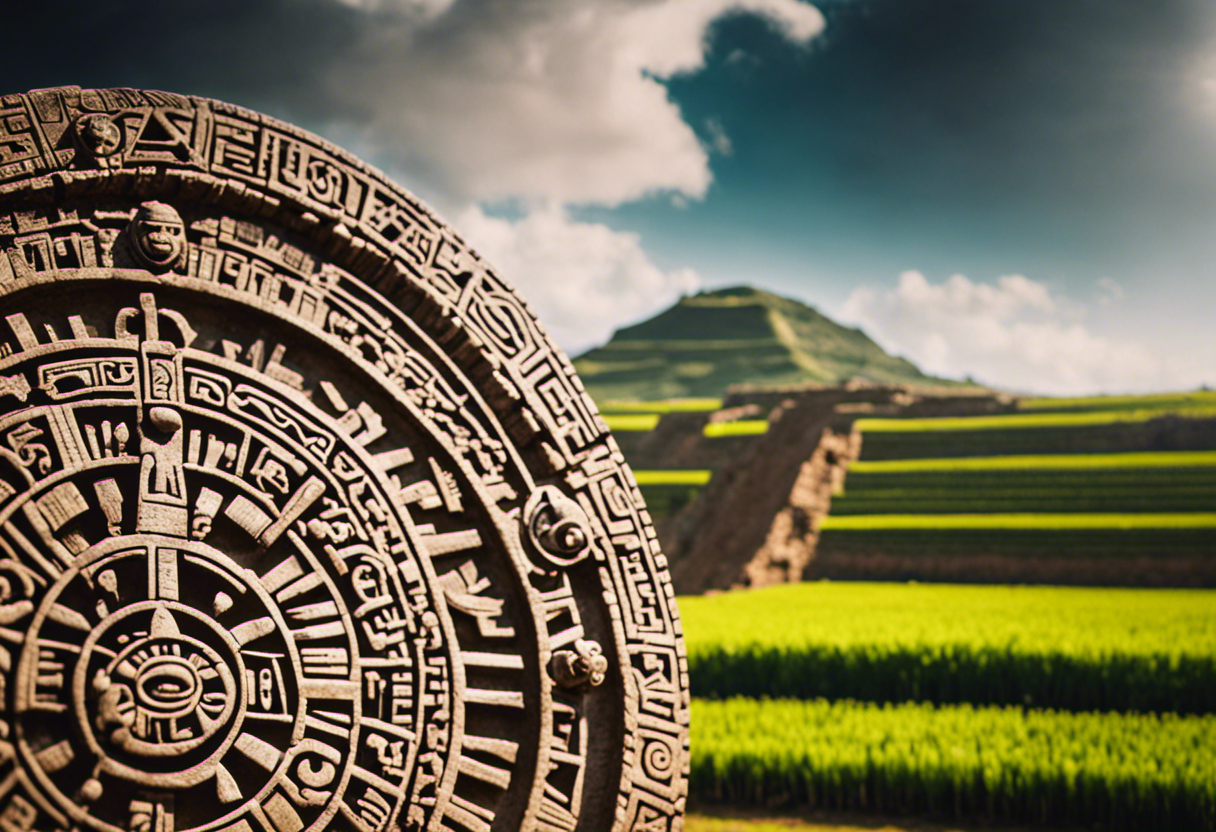 An image showcasing the Aztec Calendar, intricately carved in stone, surrounded by lush agricultural fields