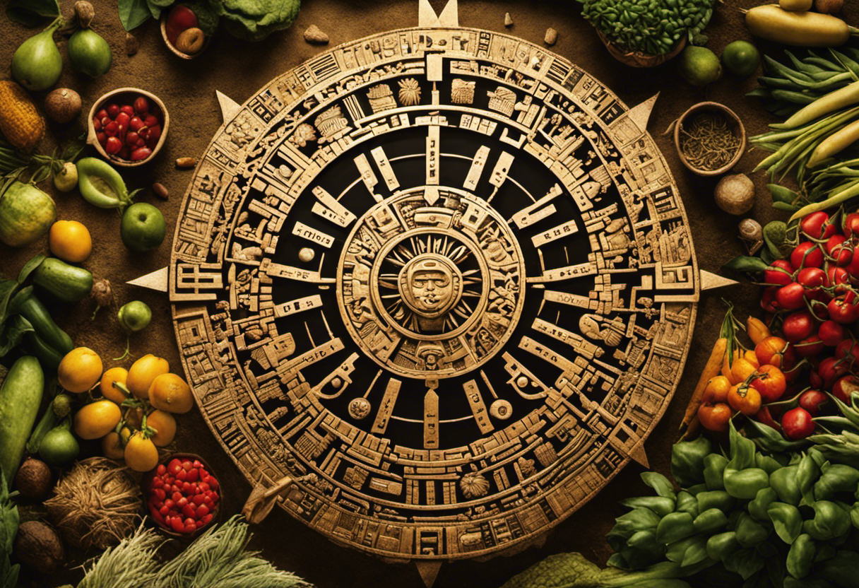 An image illustrating the intricate Aztec calendar surrounded by various crops, showcasing the interplay between celestial timekeeping and agricultural practices