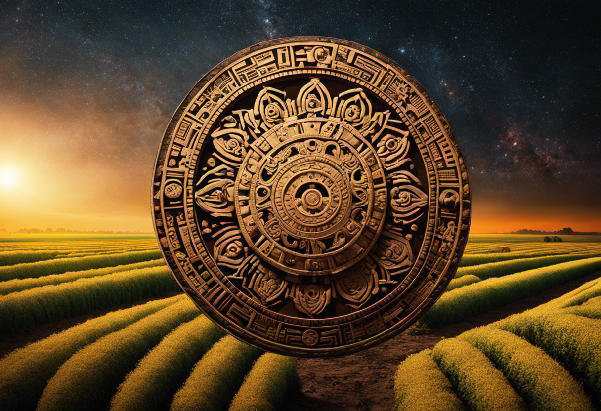 An image that portrays the intricate Aztec calendar as the foundation for a vibrant agricultural landscape