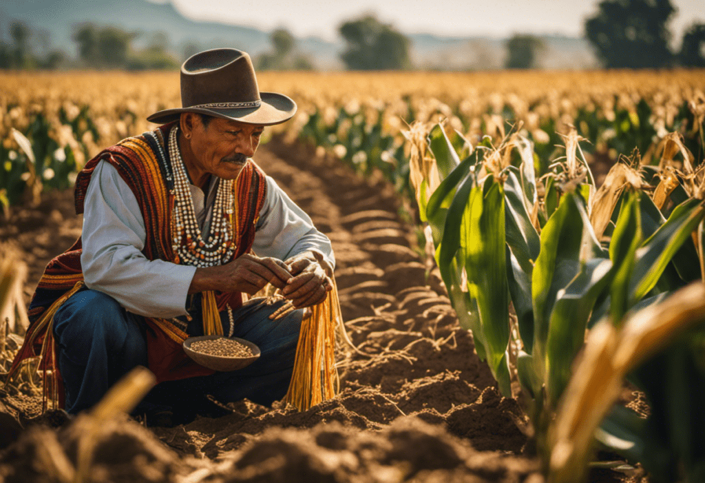 An image that depicts an Aztec farmer, adorned in traditional clothing and jewelry, kneeling in a vibrant maize field
