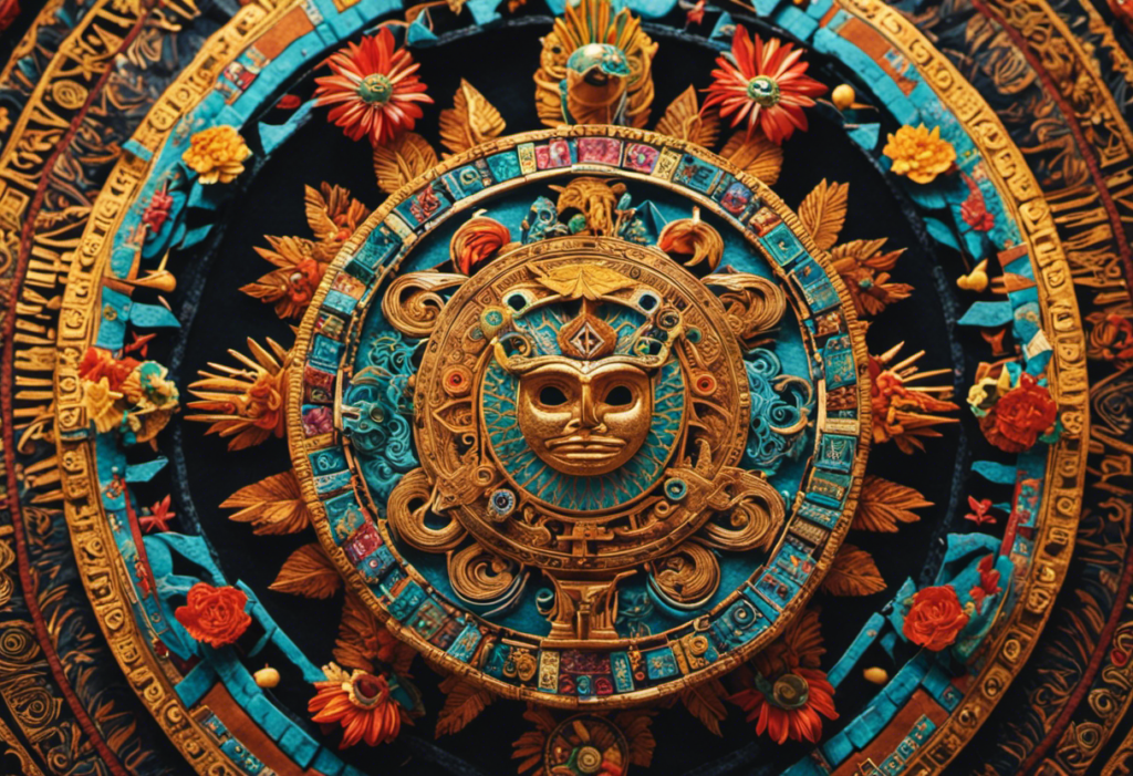 An image showcasing the intricate Aztec Calendar, surrounded by vibrant gods and goddesses, each adorned with distinctive headdresses, symbols, and jewelry, evoking their divine power and importance in Aztec religion