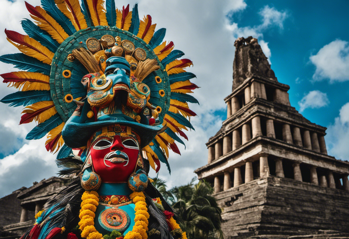 An image representing the Pantheon of Aztec Gods and Goddesses: Depict Huitzilopochtli, the fierce sun god, standing tall with his blue face, clutching a serpent-shaped weapon, flanked by vibrant deities like Tlaloc, the rain god, and Xochiquetzal, the flower goddess