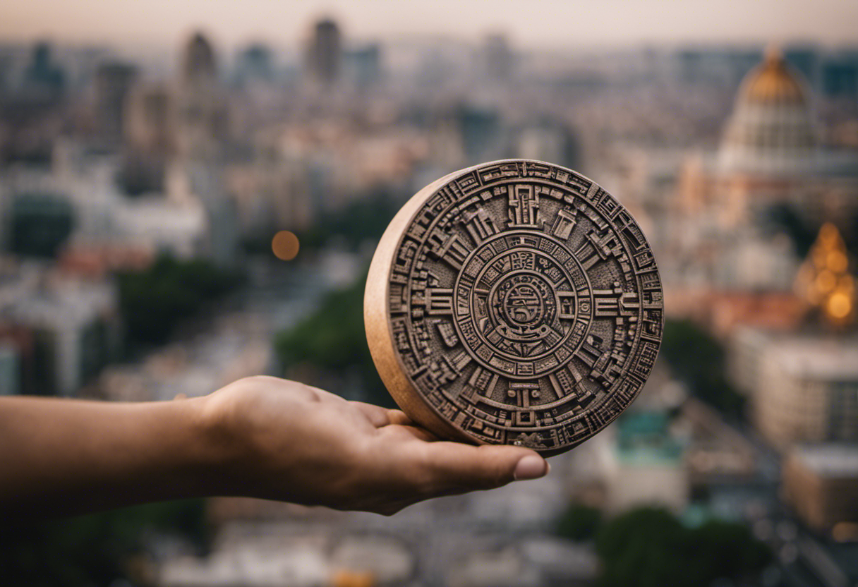 An image capturing the essence of the Aztec Calendar stone amidst a bustling modern cityscape, symbolizing the enduring legacy of Aztec religion