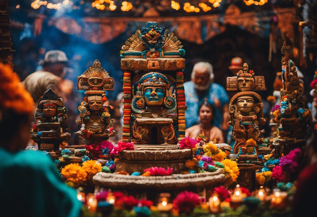 An image depicting a vibrant Aztec temple surrounded by worshippers engaging in elaborate rituals, showcasing the intricate celestial symbols, colorful deity masks, and sacred offerings that reflect the profound understanding of Aztec religious beliefs