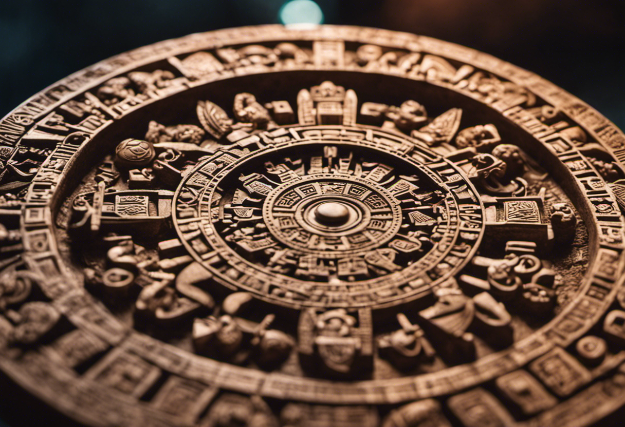 An image capturing the intricate beauty of the Aztec Calendar stone, intricately carved with celestial symbols, solar deities, and mythological creatures, representing the ancient system of timekeeping in Aztec religion