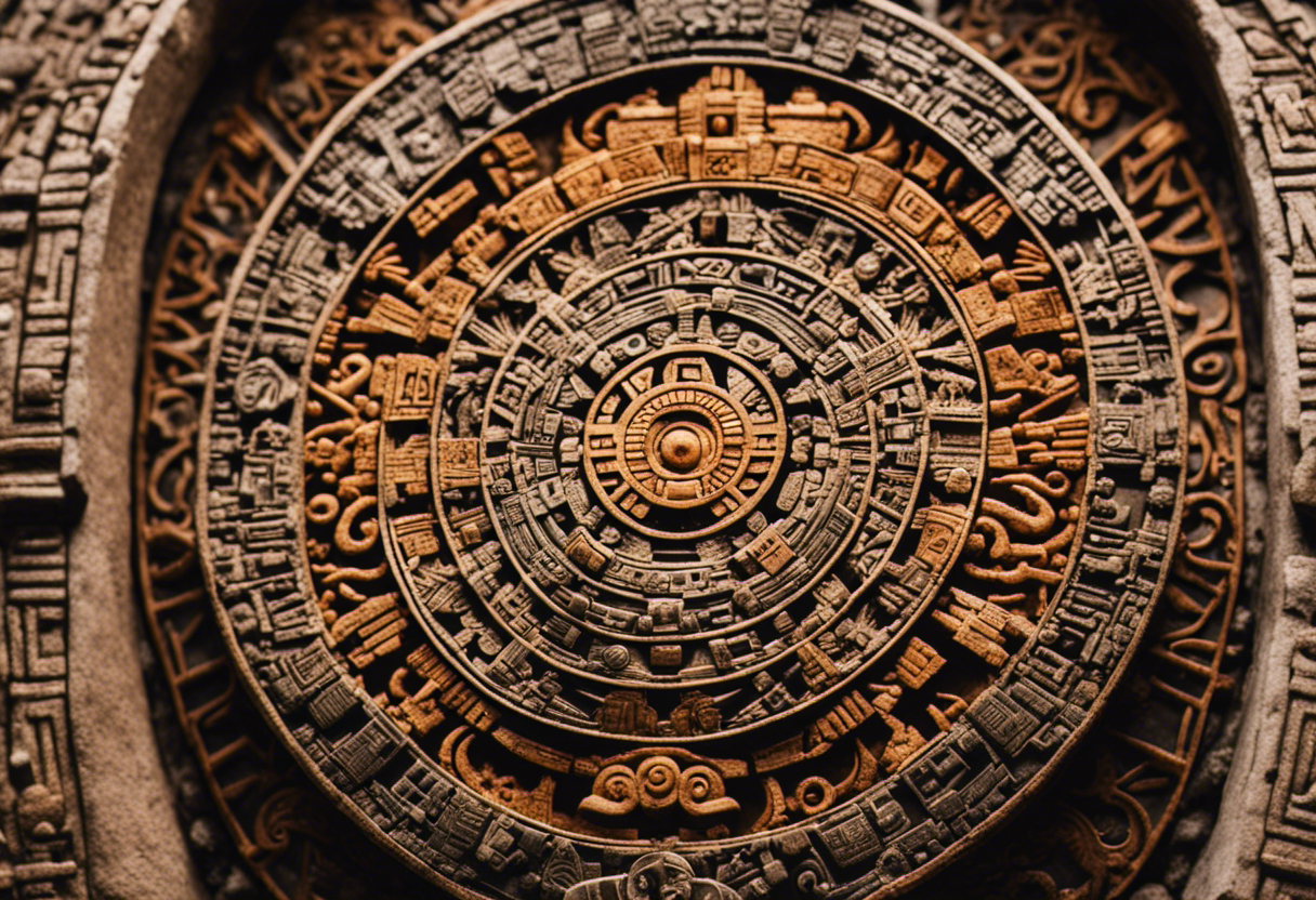 An image capturing the intricate Aztec Calendar Stone, surrounded by awe-struck Aztec citizens, symbolizing the profound significance of this ancient artifact in Aztec society's rituals, ceremonies, and the understanding of celestial events