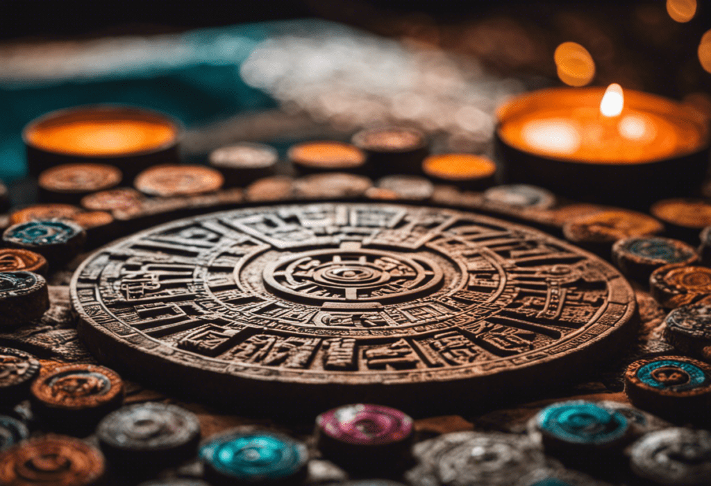 An image capturing the mesmerizing intricacies of the Aztec Calendar Stone, radiating with vibrant colors and symbols