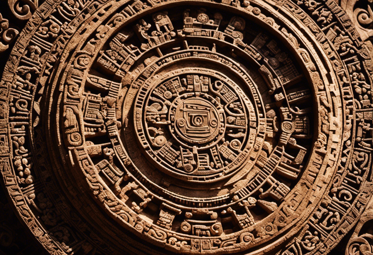 An image capturing the intricate details of the Aztec Calendar Stone, showcasing the celestial symbols, intricate carvings, and concentric rings, inviting readers to delve into the enigmatic secrets of this ancient artifact