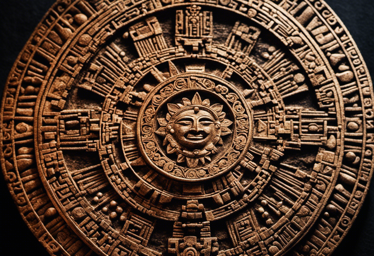 An image that captures the enigmatic allure of the Aztec Calendar Stone, portraying its intricate solar design and the ritualistic symbolism, while evoking a sense of mystery and ancient wisdom
