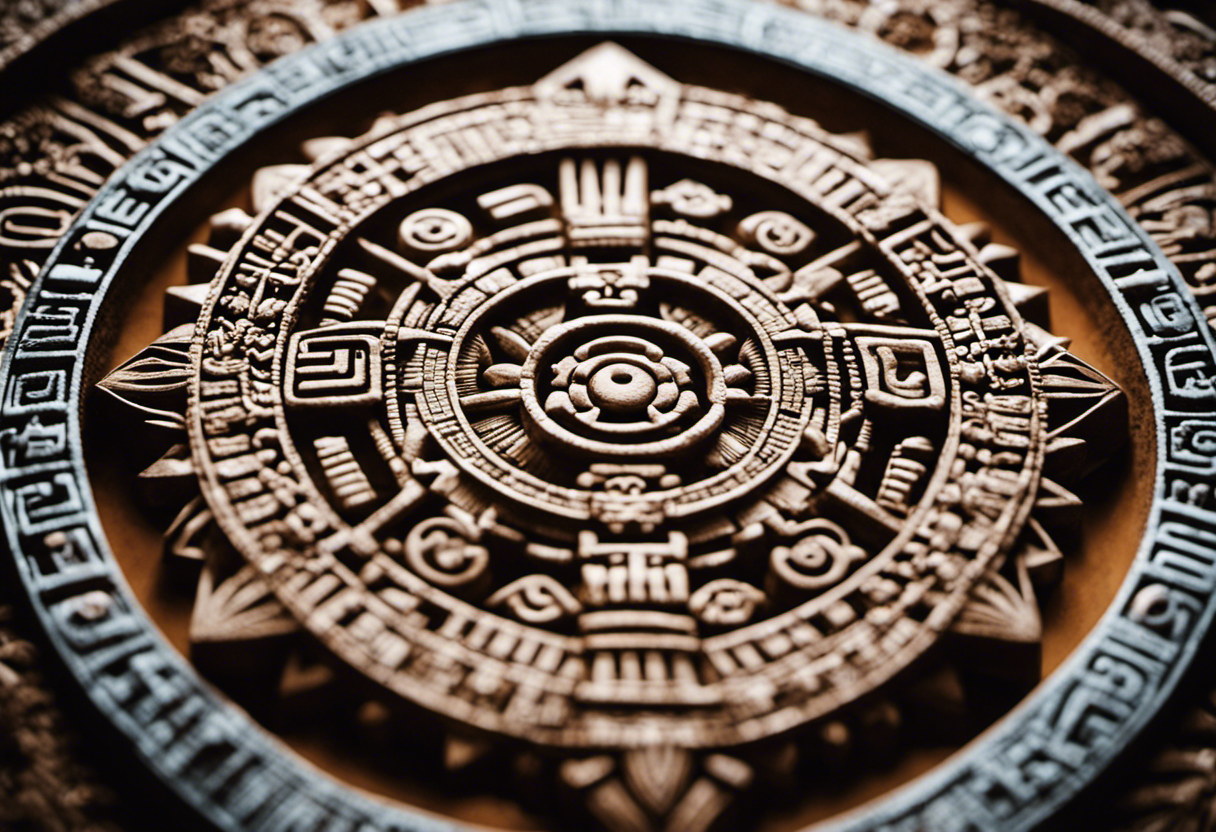 An image showcasing the intricate carvings of the Aztec Calendar Stone - a mesmerizing blend of celestial symbols, intricate glyphs, and geometric patterns