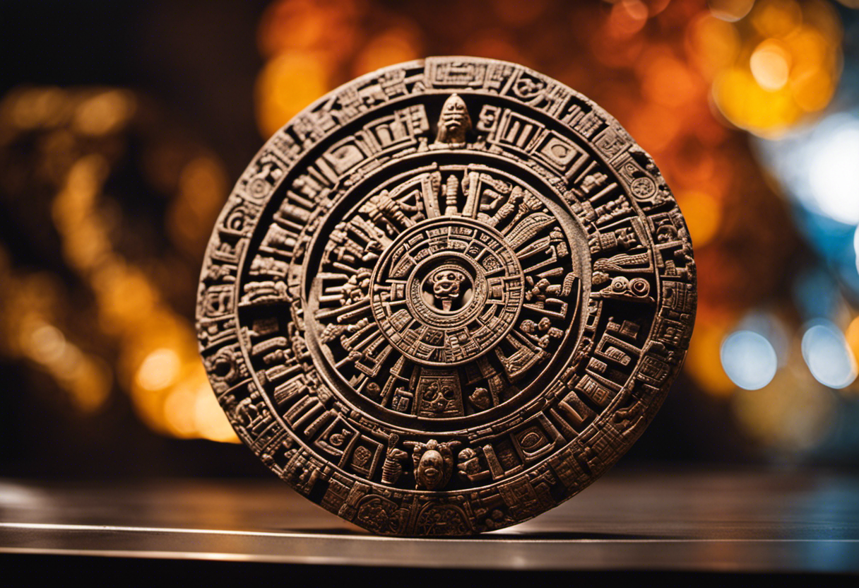 An image showcasing the intricate Aztec Calendar Stone, adorned with intricate carvings, representing celestial deities, mythical creatures, and sacred symbols, unveiling the complexity and significance of the Aztec Calendar System