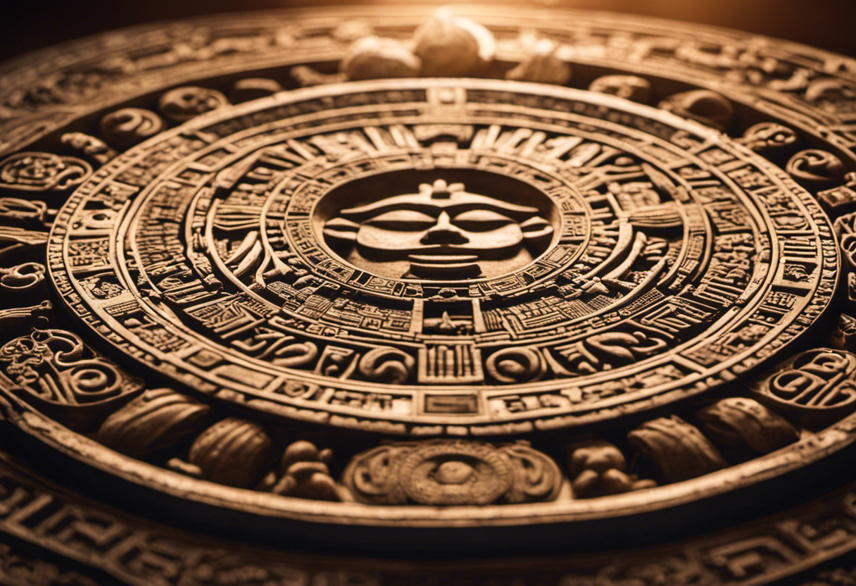 An image showcasing the enigmatic Aztec Calendar Stone, focusing on the symbolic representation of the Sun God