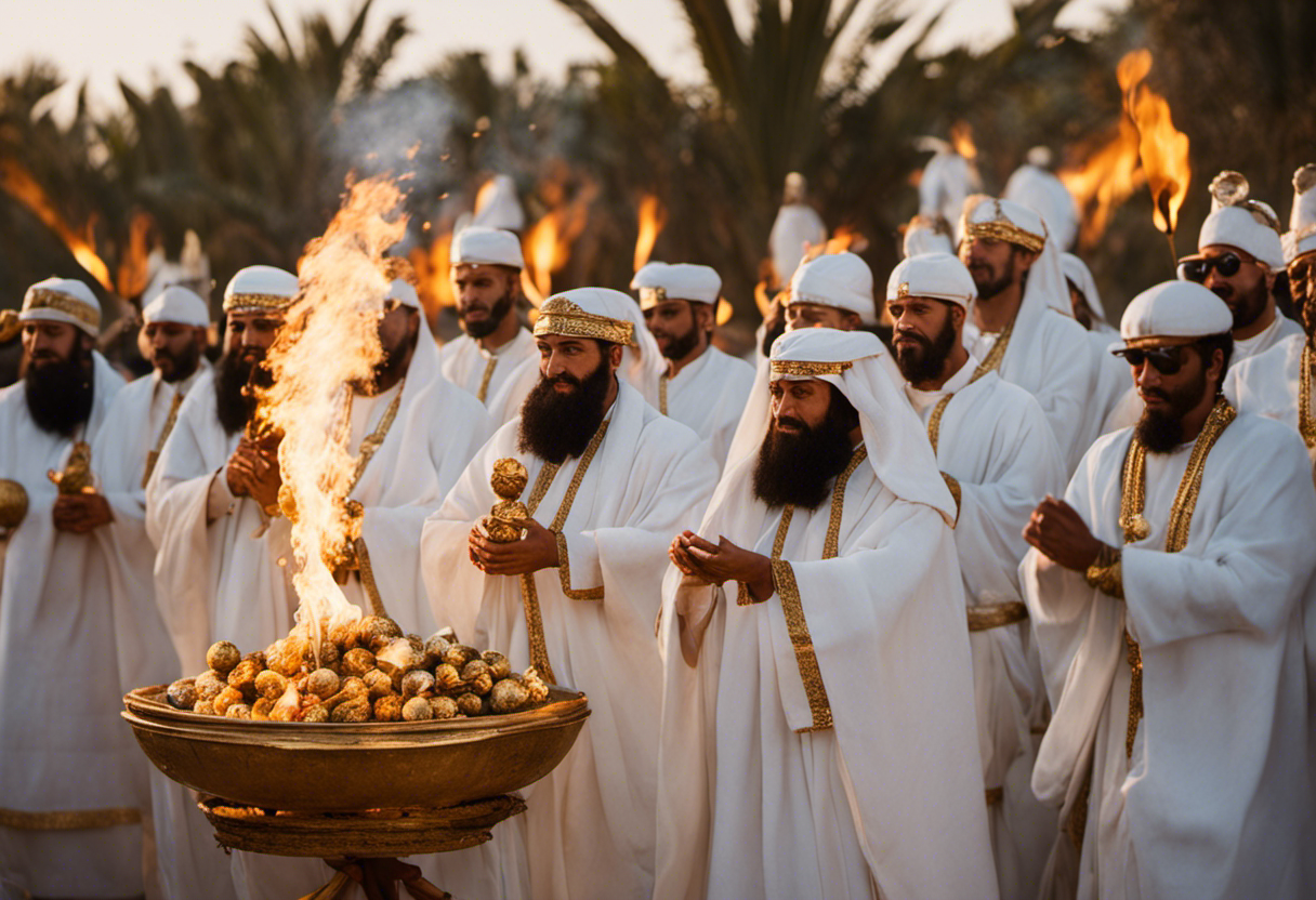 An image depicting a Babylonian New Year purification ritual: A vibrant procession of worshipers clad in white garments, holding palm fronds and sprinkling water from golden bowls onto a sacred fire pit