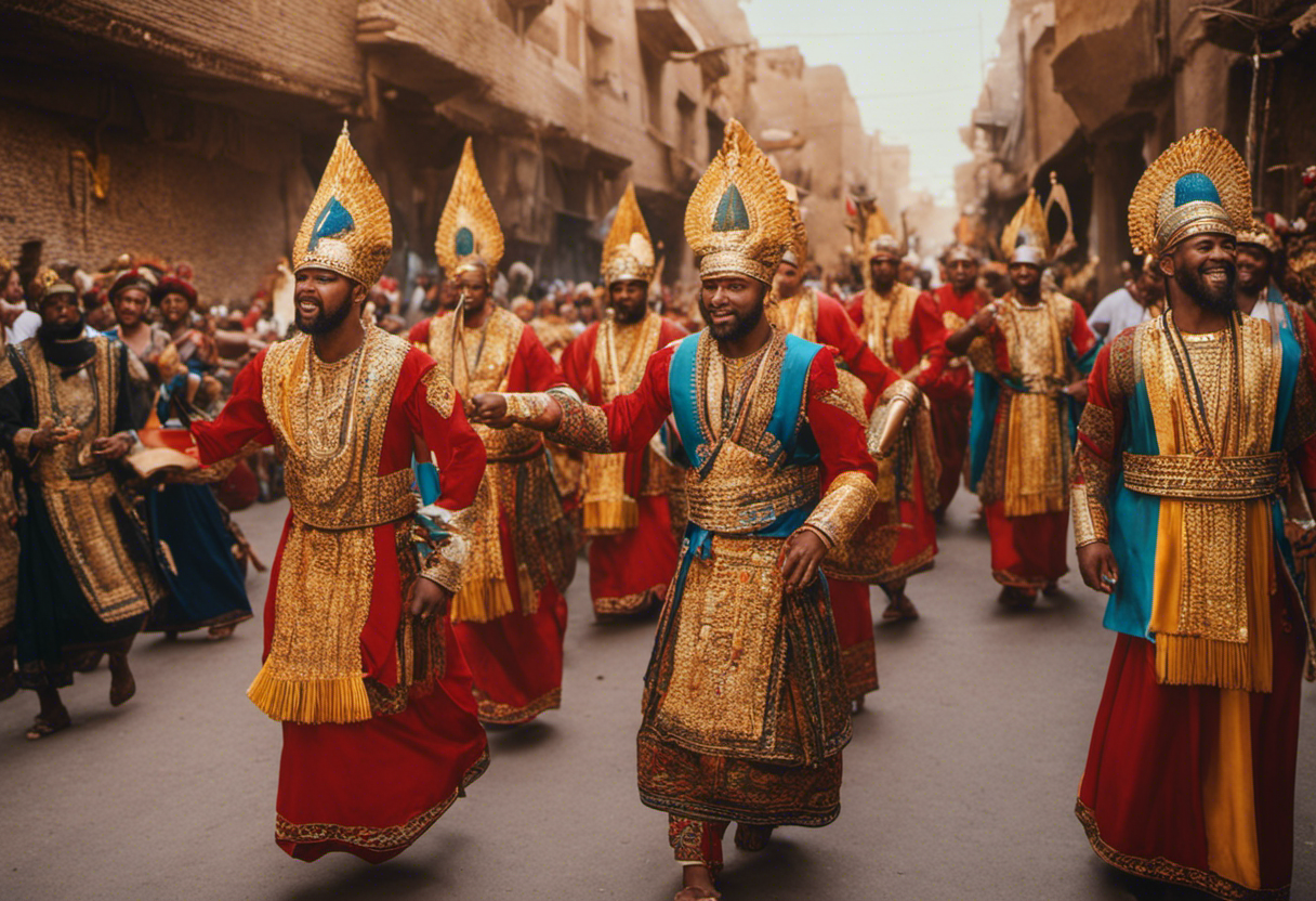 An image featuring a grand procession through the ancient streets of Babylon during the Feast of Akitu