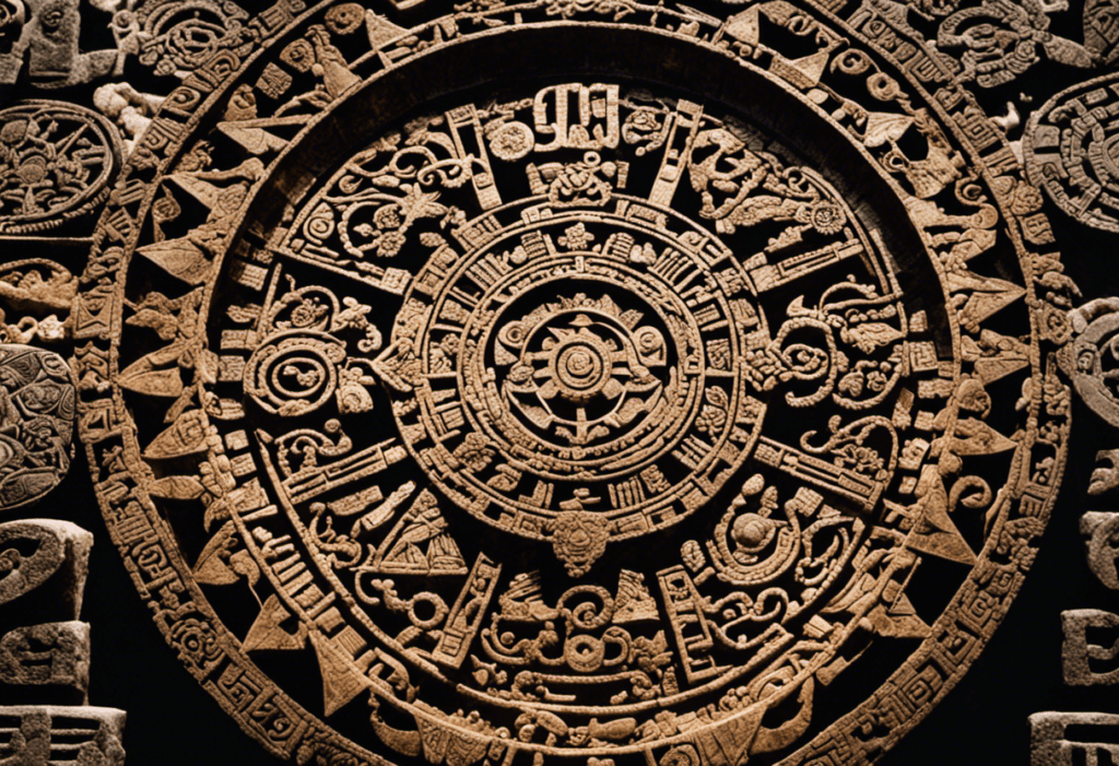 An image showcasing intricate stone carvings of the 20 day signs of the Aztec calendar, each meticulously depicting unique symbols representing various natural elements and celestial forces