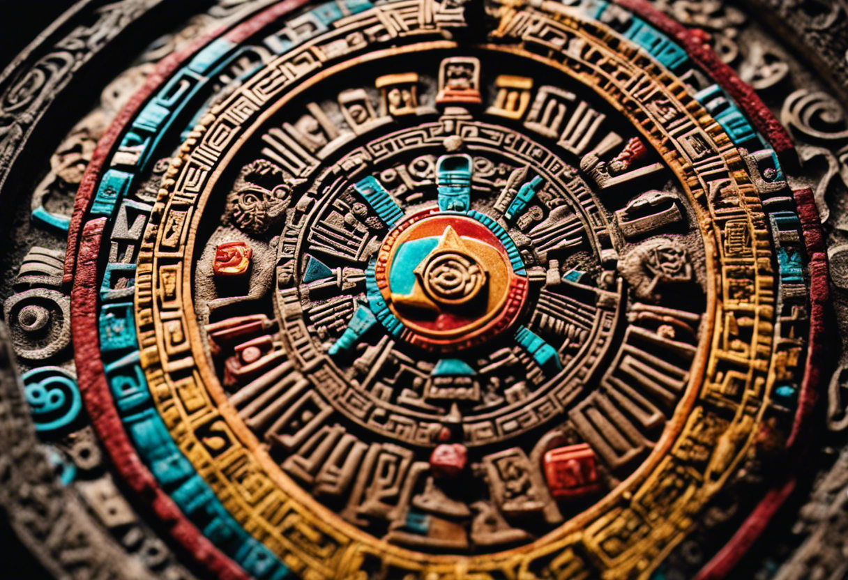 An image featuring an Aztec calendar stone with vibrant colors and intricate carvings