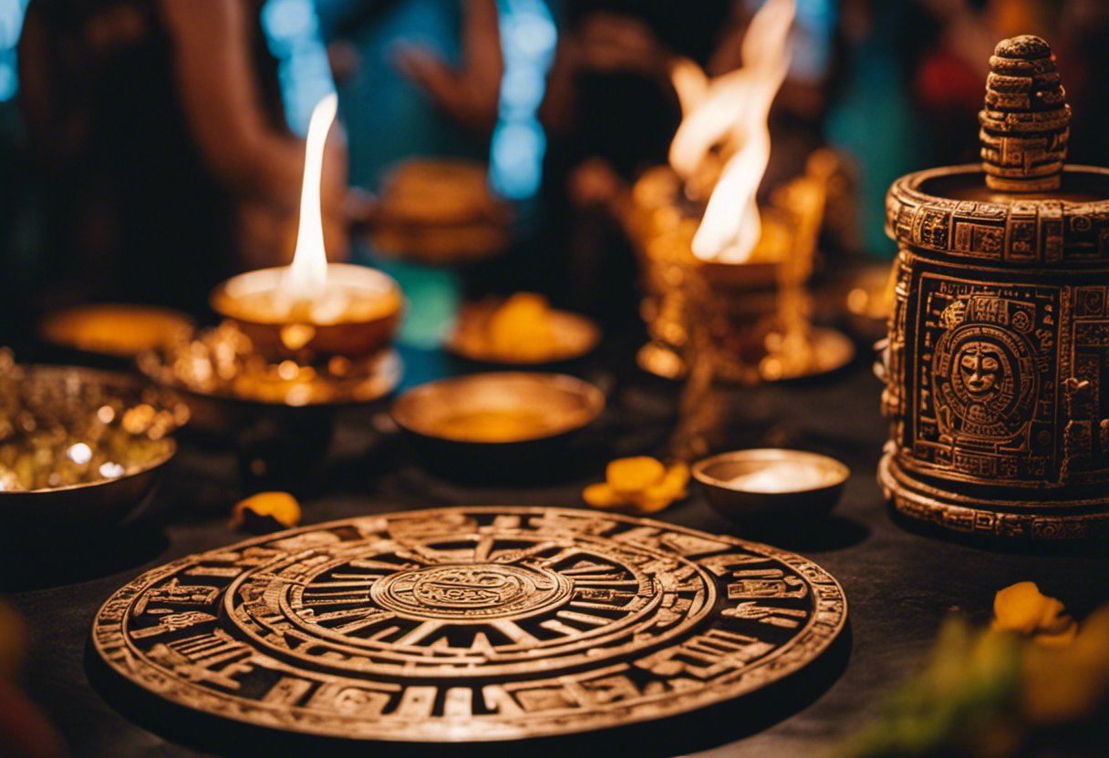 An image that vividly portrays an Aztec ritual or ceremony, showcasing the intricate connection between the Day Signs of the Aztec Calendar and their profound influence on these sacred practices