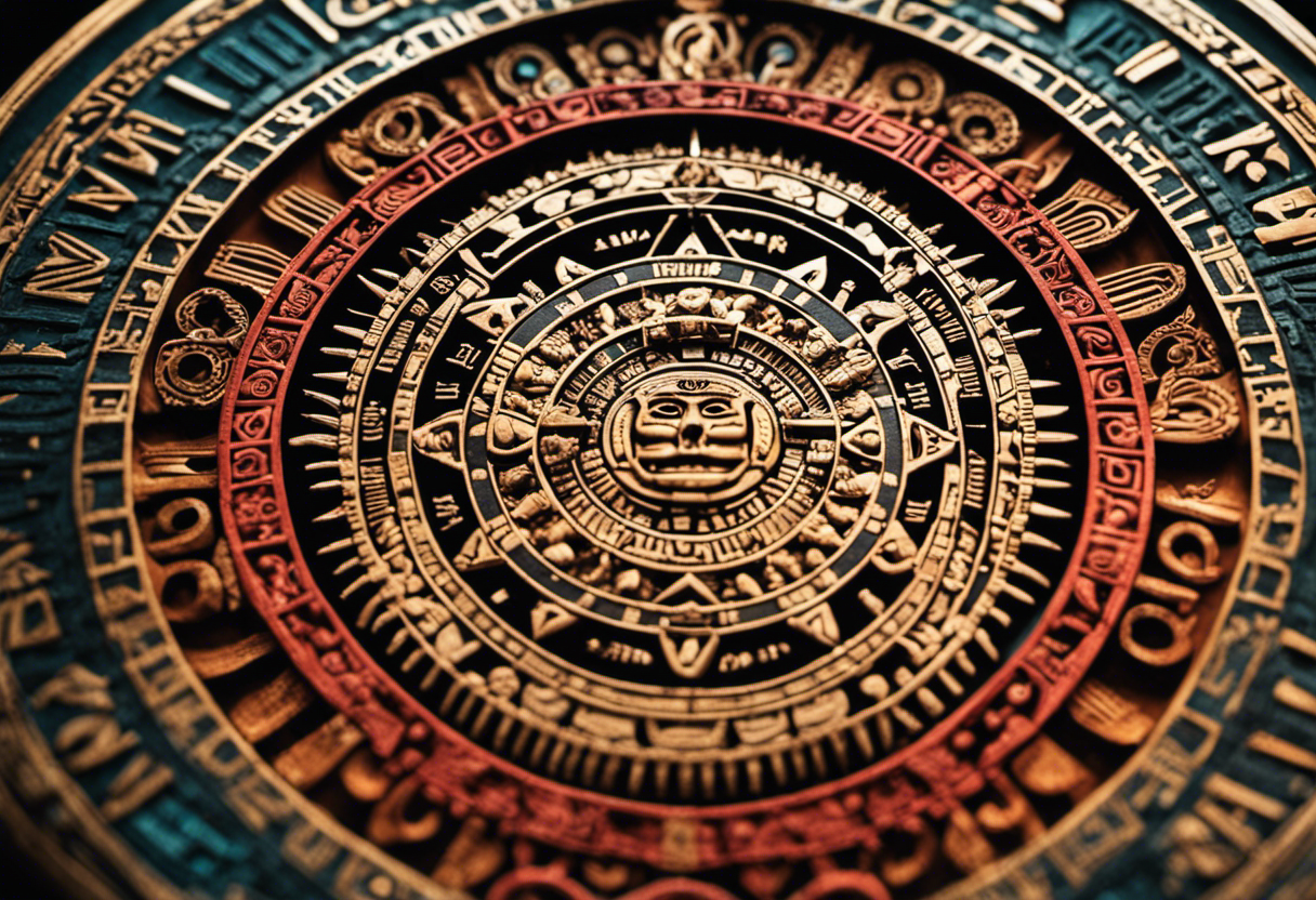 An image showcasing the intricate details of the Aztec Calendar, depicting the various Day Signs with vibrant colors, intricate patterns, and symbolic elements that represent the deep meaning behind each sign