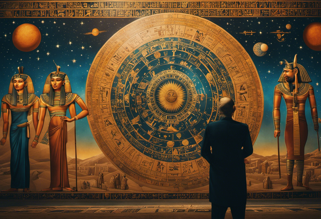 An image showcasing a vibrant mural depicting ancient Egyptians observing celestial bodies, with priests interpreting astrological charts, hieroglyphs representing zodiac signs, and Pharaohs consulting with astrologers