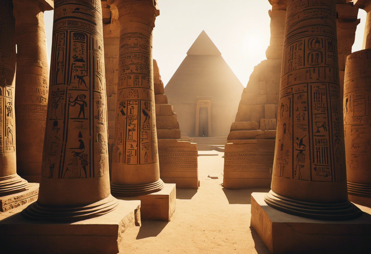 An image depicting a mesmerizing ancient Egyptian temple, adorned with hieroglyphics, as shadows from a towering obelisk align with the sun's rays, illustrating the intricate connection between celestial movements and the origin of the Egyptian calendar