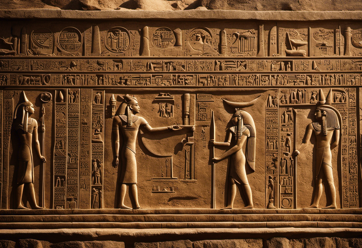 An image showing ancient Egyptians observing the moon phases with hieroglyphic inscriptions on a temple wall, gradually transitioning to a scene depicting the sun's position and shadow measurements on an obelisk
