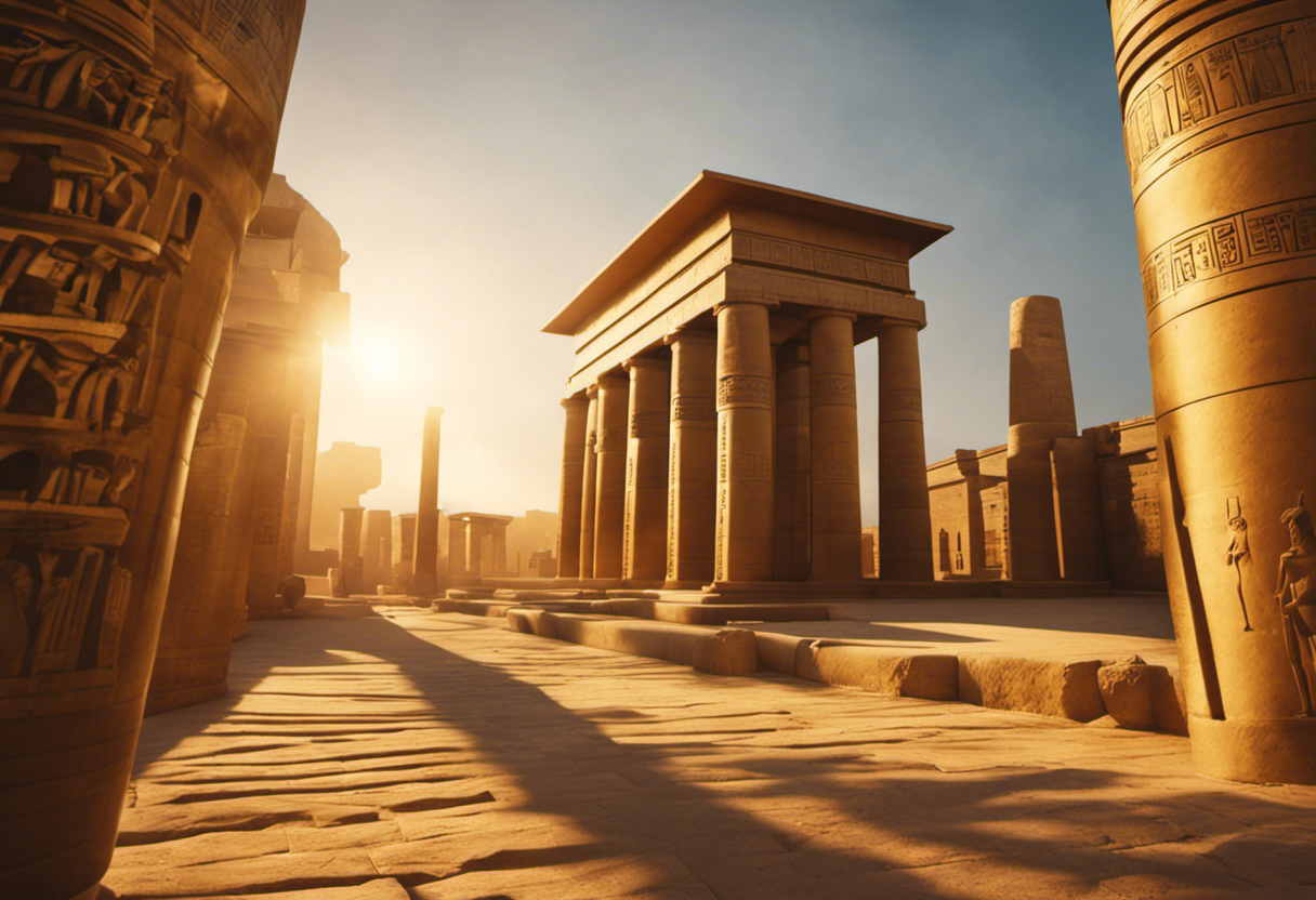 An image depicting a magnificent ancient Egyptian temple bathed in golden sunlight, symbolizing the profound implications and significance of the solar-based Egyptian calendar in their cultural and religious practices
