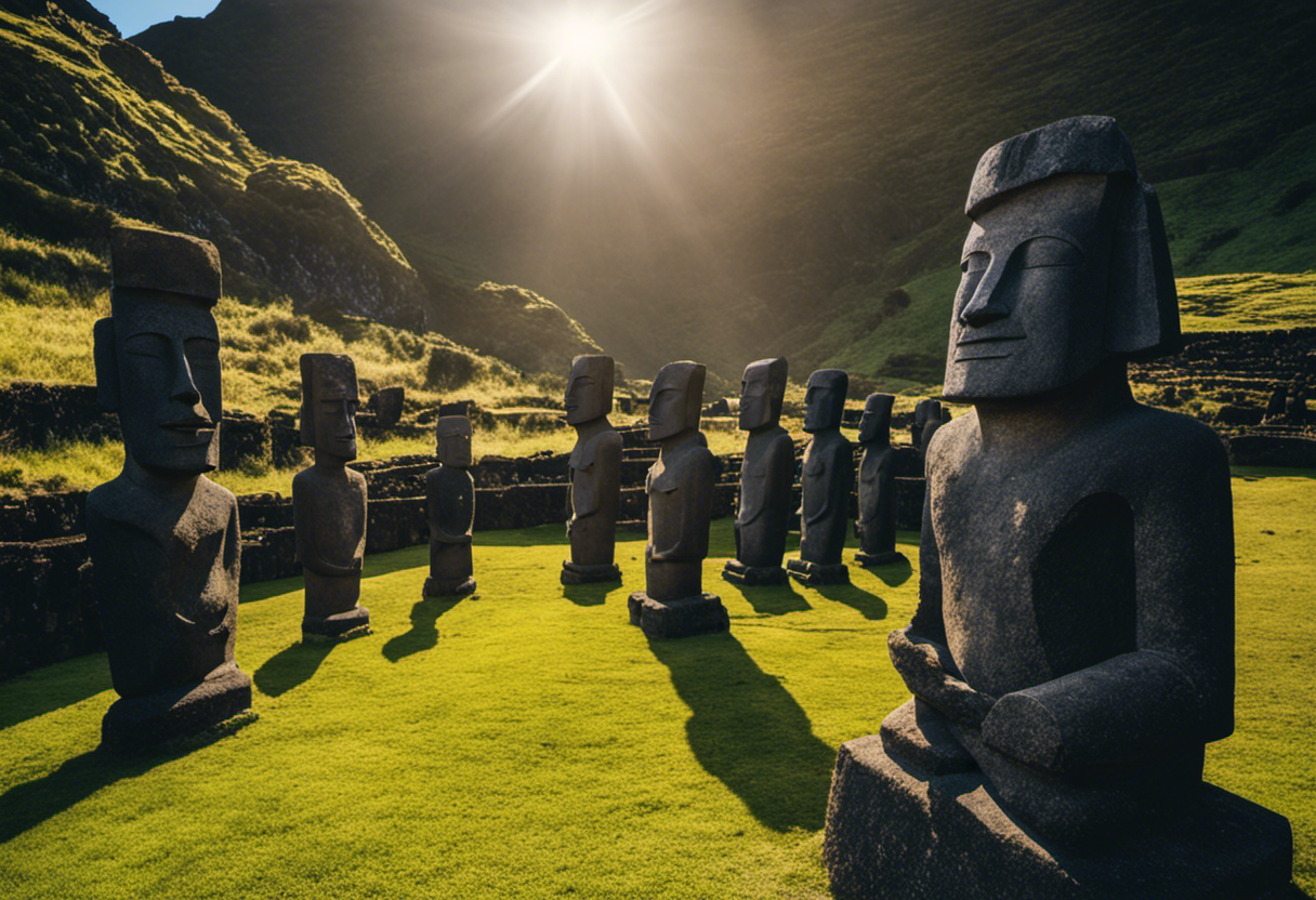 An image capturing the awe-inspiring moment when the sun's rays penetrate the meticulously aligned stone statues at Rapa Nui, illuminating the ancient culture's profound connection to celestial observations
