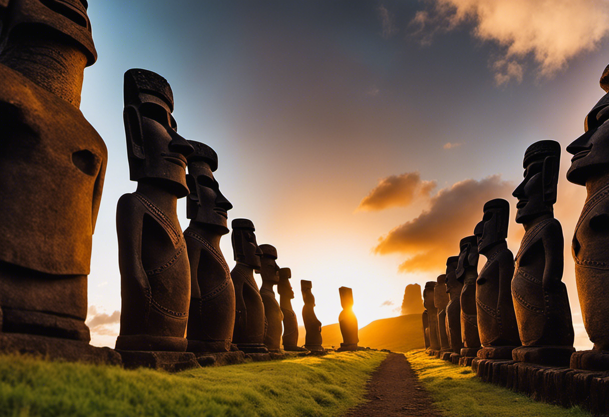 An image that captures the mesmerizing sight of the sun's first rays perfectly aligning with the towering stone statues of Rapa Nui, showcasing the significance of solar alignments in the ancient calendar of this sacred island