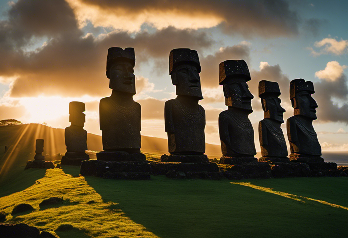 An image capturing the mesmerizing moment of the sun's rays piercing through the perfectly aligned stone statues of Rapa Nui, illuminating the sacred ceremonial space and symbolizing the profound significance of solar alignments in Rapa Nui rituals