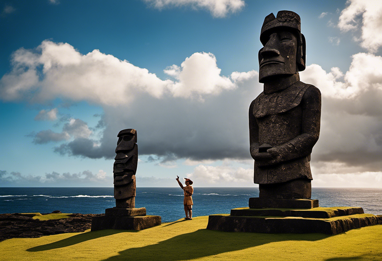 An image of a Polynesian navigator standing on a Rapa Nui moai platform, using the sun's rays aligning with the stone's features to guide his direction across the vast ocean