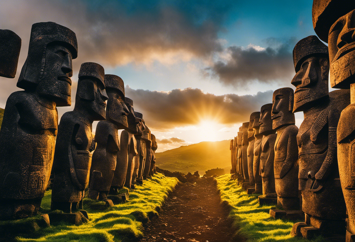 An image showcasing the intricate solar alignments of Rapa Nui calendar, capturing the mesmerizing moment when the sun aligns perfectly with the stone structures, highlighting the profound connection between solar movements and seasonal changes