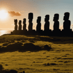 An image showcasing the iconic Rapa Nui moai statues, bathed in the warm glow of the sunset, with their shadows perfectly aligned along the ceremonial platforms, highlighting the vital role of solar alignments in the ancient Rapa Nui calendar