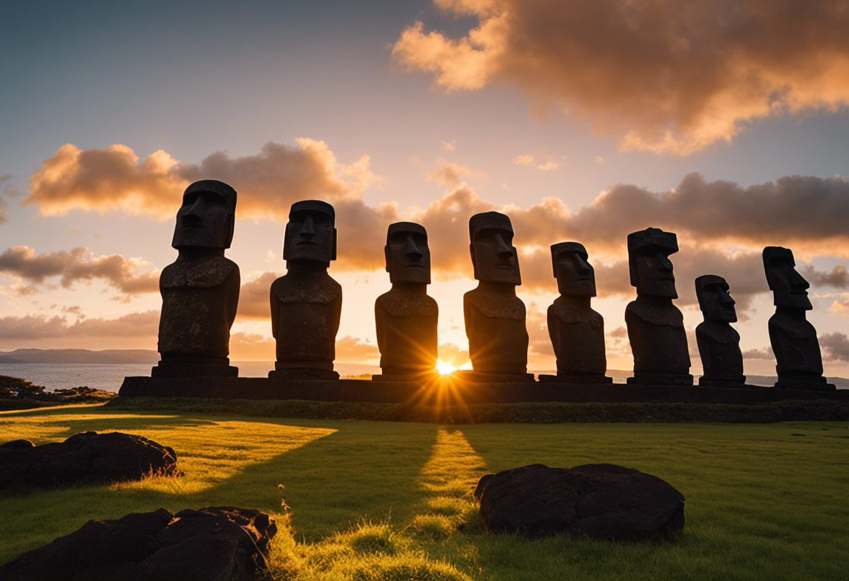 An image showcasing the iconic Rapa Nui moai statues, expertly aligned towards the rising or setting sun